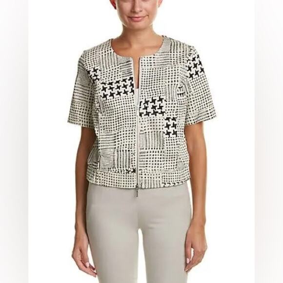 Cabi Coupe Bomber #931 Short Sleeve Black and Cream Abstract Zip Jacket Size L - Picture 1 of 14